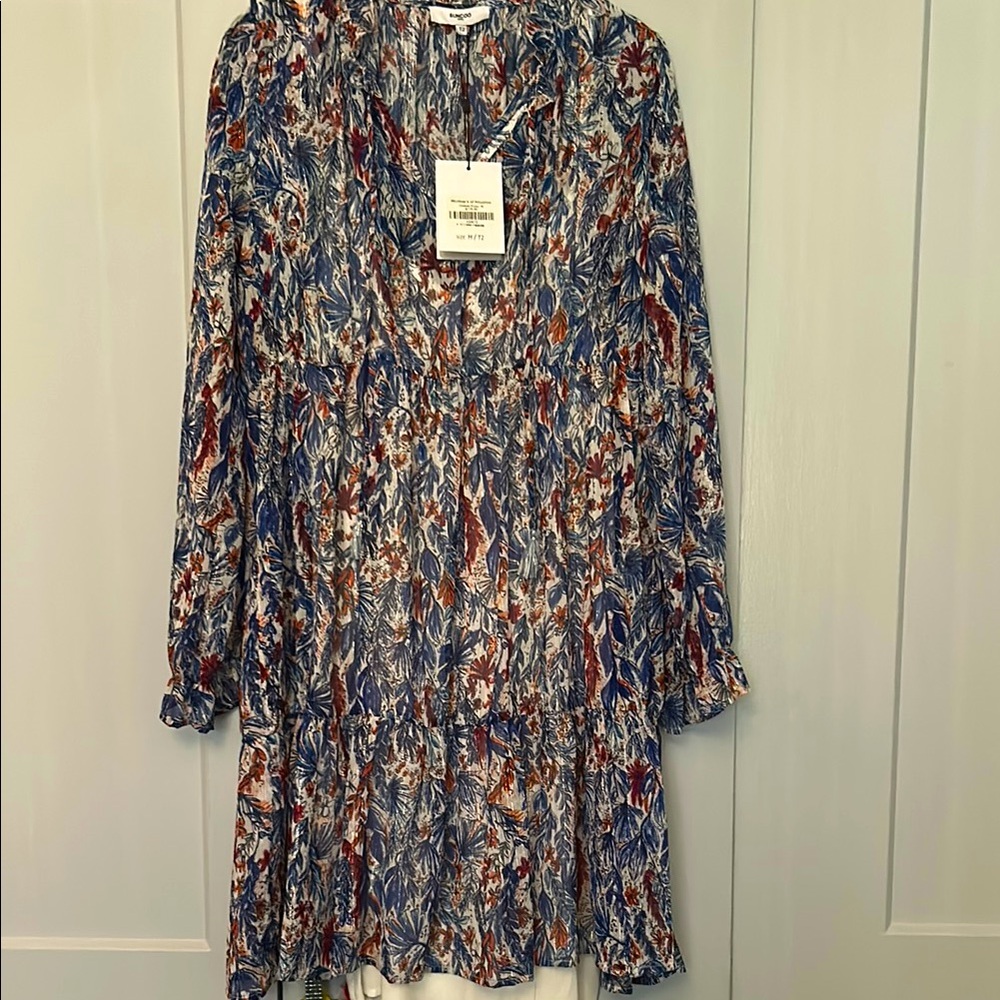 SUNCOO Blue White and Rust Floral Long Sleeve Dress